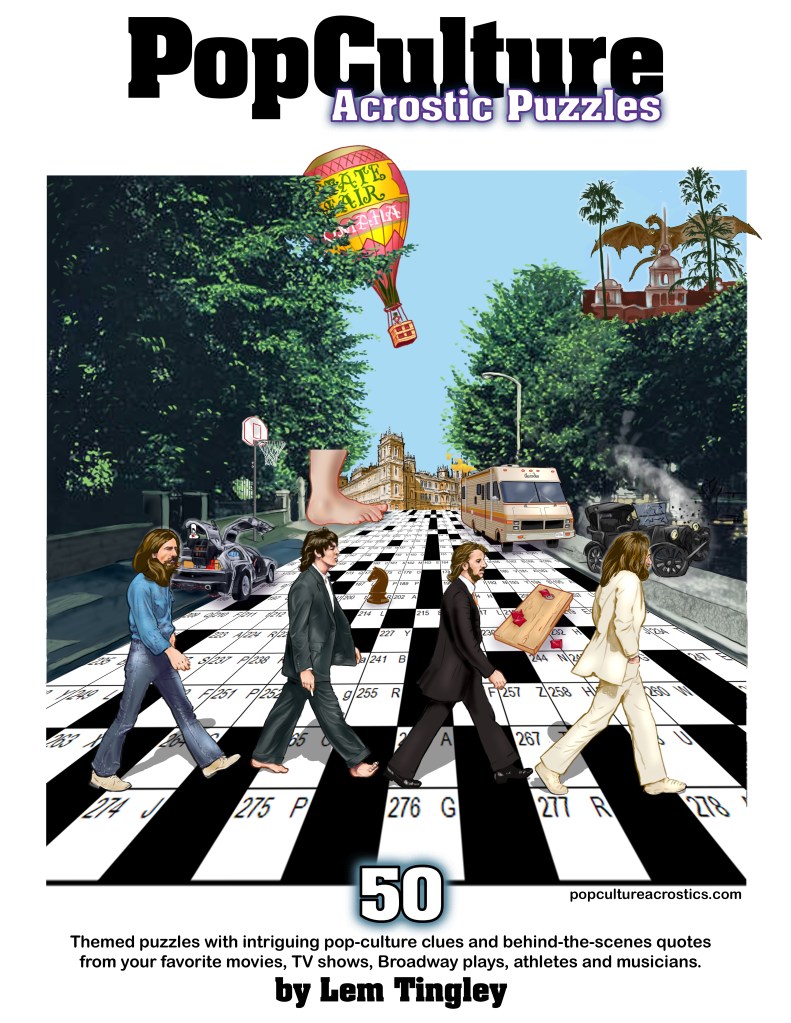 Cover art for Pop Culture Acrostics Volume 1 showing a version of The Beatles Abbey Road with elements from the themes of the book
